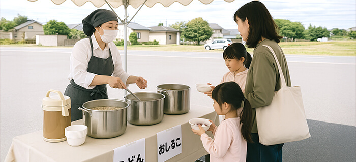 お汁粉・うどんのふるまいで満足度アップ